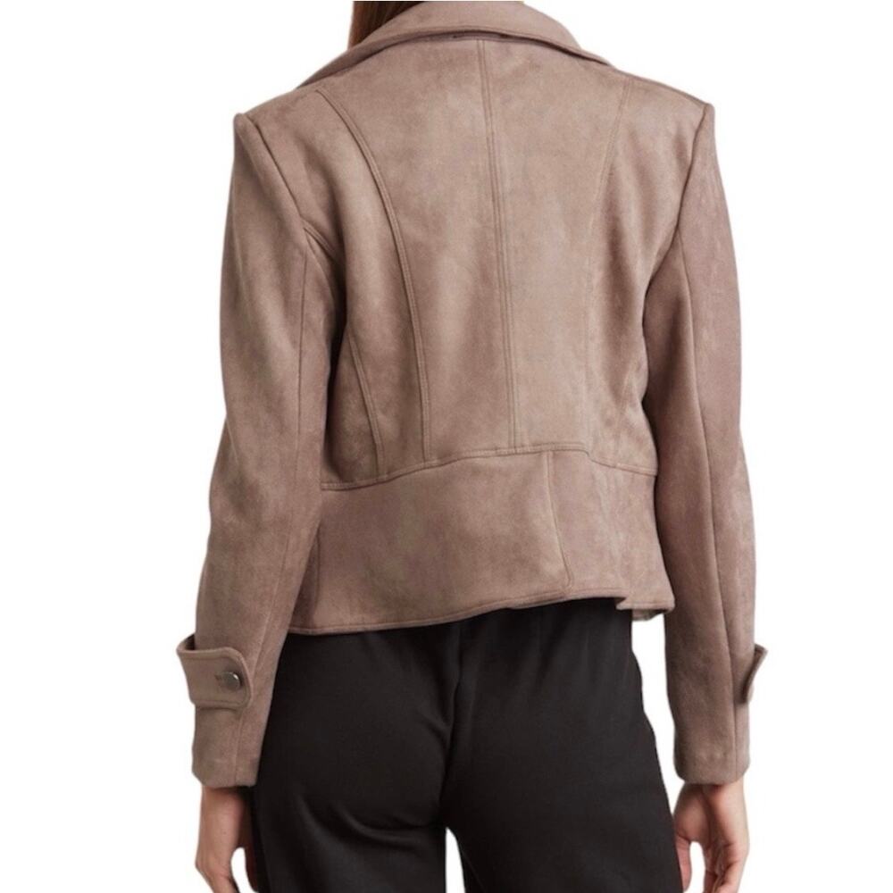 T Tahari Faux Suede Leather Crop Zip Jacket Brown Moto M - Picture 2 of 13